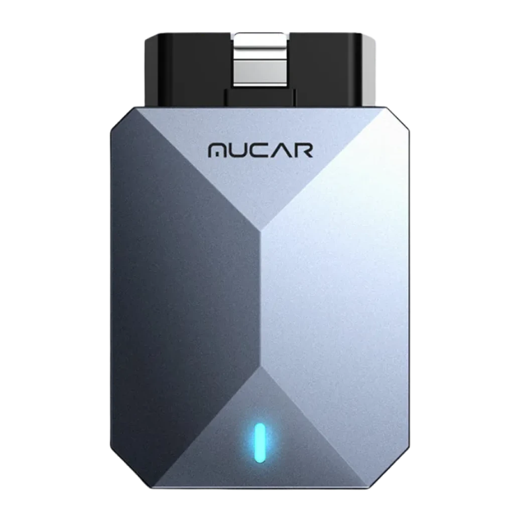 Mucar BT200 Max, modèle compact doté d'un boîtier gris métallisé à facettes, d'un port OBD noir et d'un voyant LED bleu à l'avant