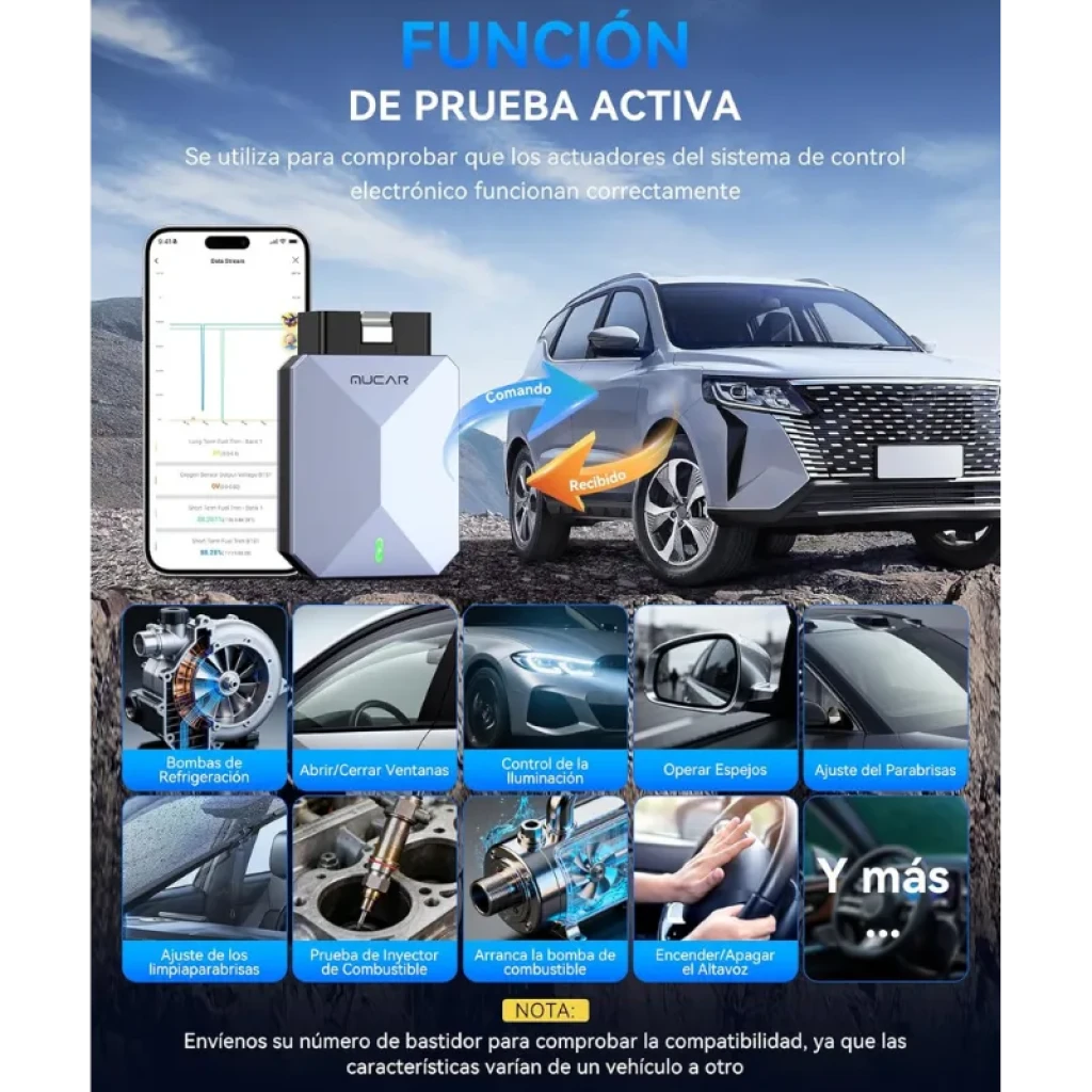 Mucar BT200 Max con app móvil y funciones de prueba activa para ventanas, bombas, espejos y más
