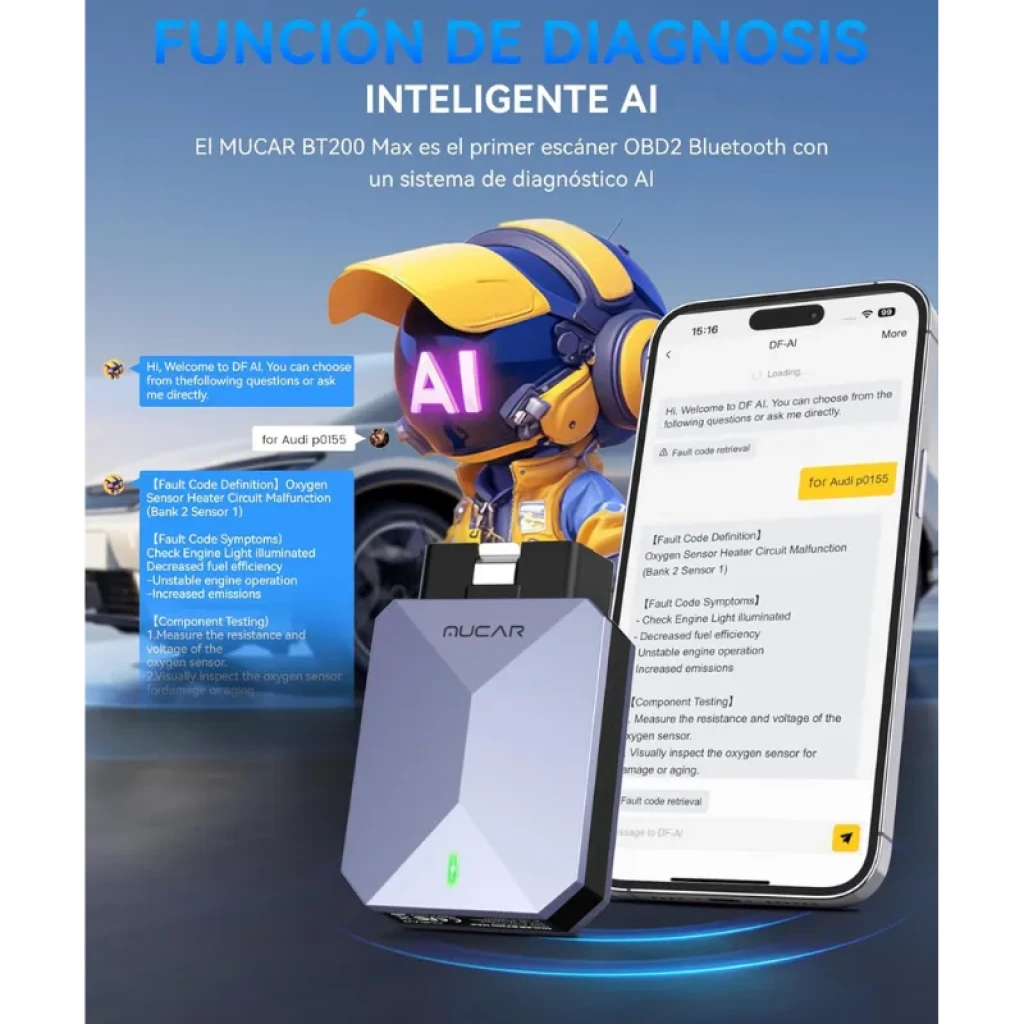 Mucar BT200 Max con app móvil en pantalla mostrando diagnósticos y códigos de falla con IA