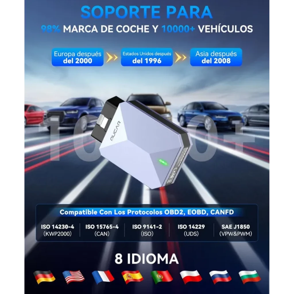 Mucar BT200 Max compatible con OBD2/EOBD/CANFD, soporta 8 idiomas y múltiples estándares ISO