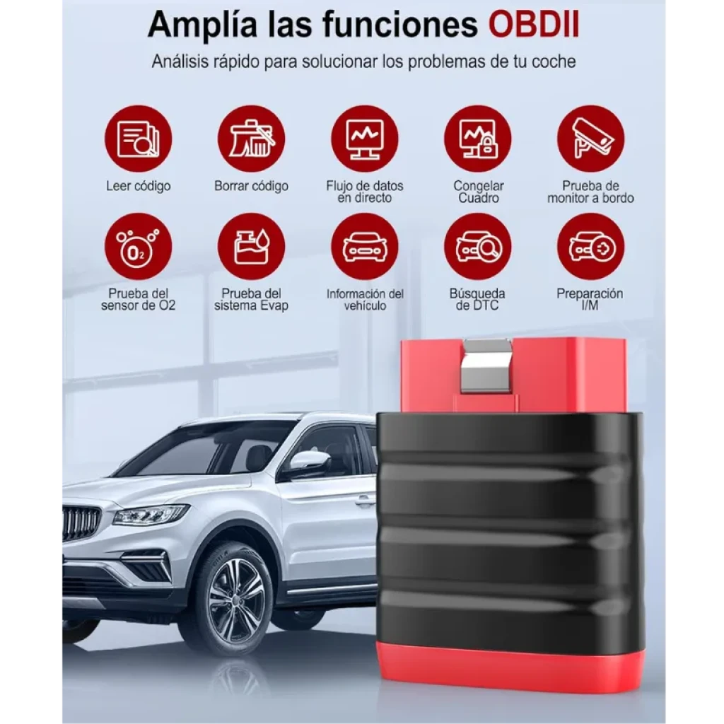 Thinkcar Thinkdiag Mini escáner OBD2 Bluetooth compacto en rojo y negro con conector OBDII, funciones como leer y borrar códigos y datos en tiempo real