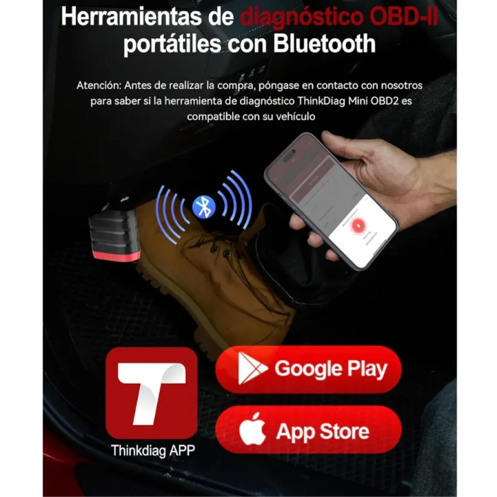 Thinkcar Thinkdiag Mini, escáner OBD2 Bluetooth compacto en negro y rojo, conecta al puerto del coche y se gestiona desde app móvil Android o iOS