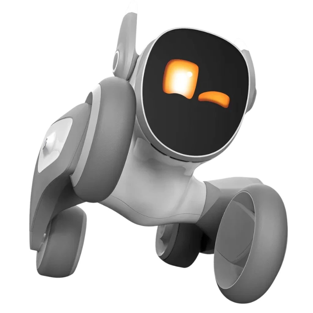 Robot mascota Loona Petbot con Chat GPT, cuerpo blanco y gris, pantalla negra con ojos LED naranjas, ruedas grandes laterales y diseño compacto moderno