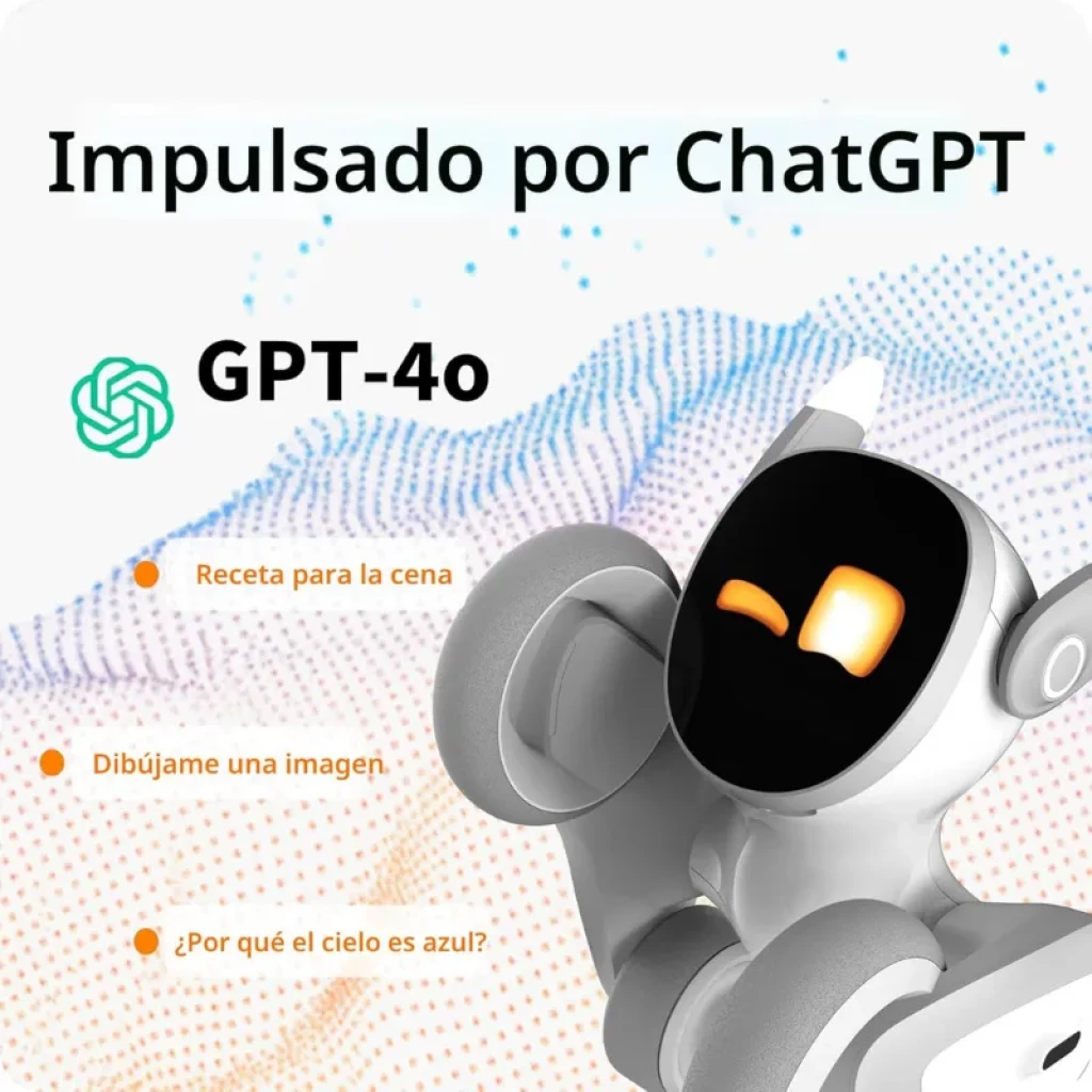 Loona Petbot robot mascota blanco con pantalla negra y ojos LED amarillos, ruedas laterales y diseño compacto, potenciado por GPT-4o