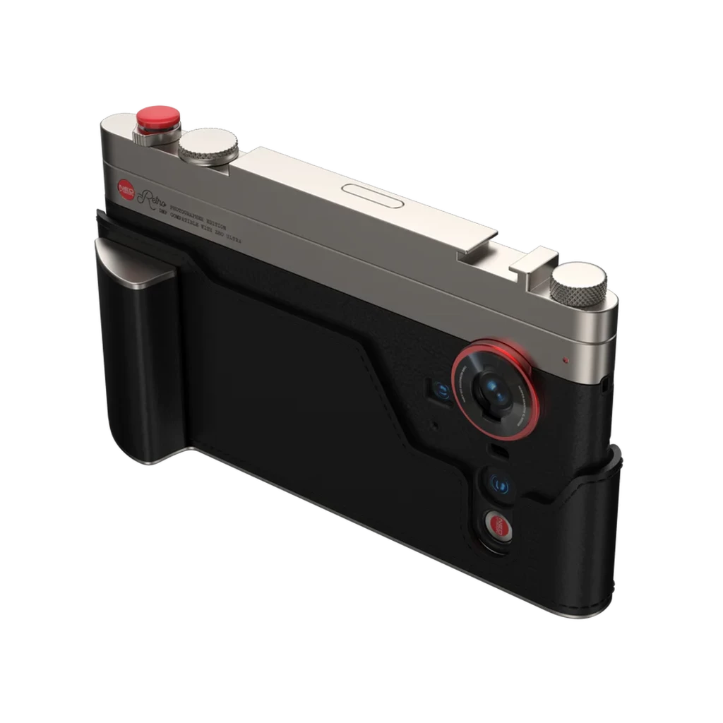 Nubia Z80 Ultra Mobile Kit de fotografía Retro con empuñadura ergonómica, acabado negro y metálico, botón rojo superior y lente trasera con aro rojo