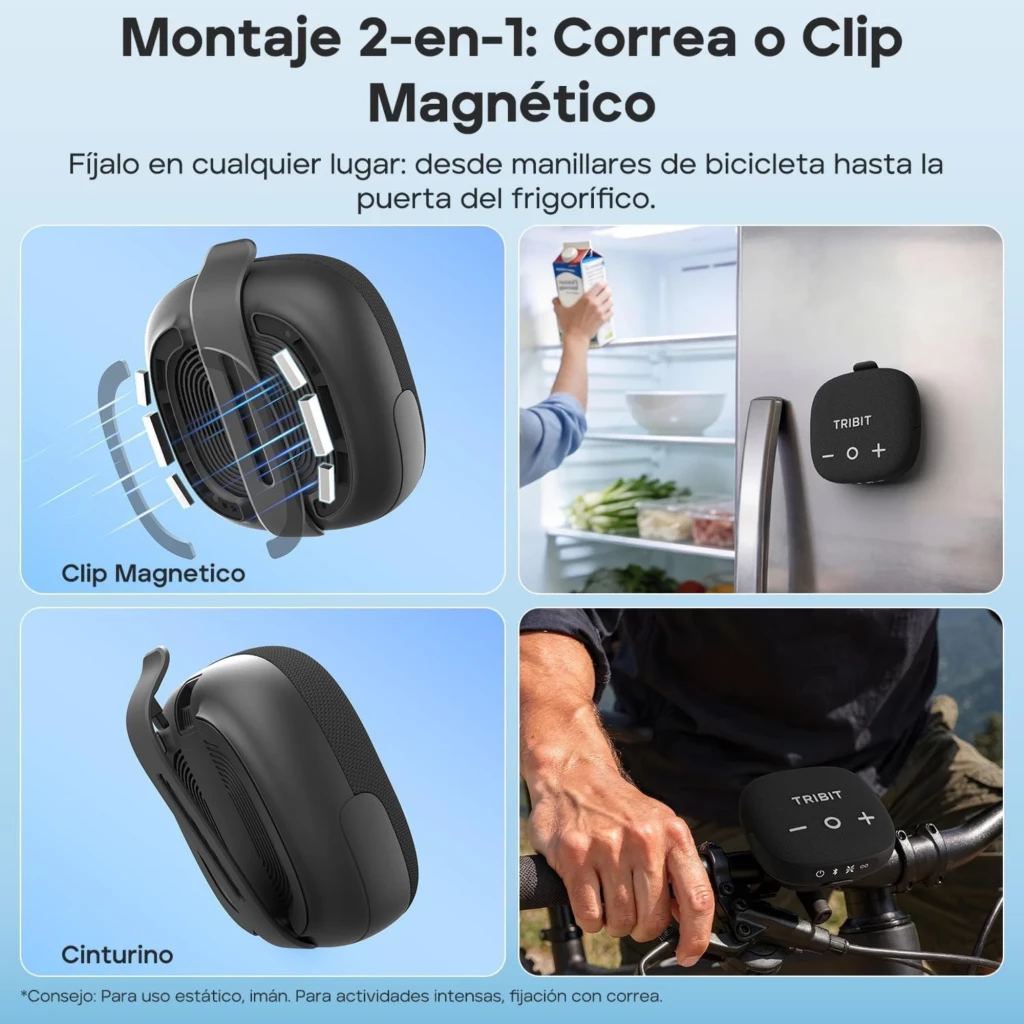 TRIBIT StormBox Micro 3 Negro, altavoz Bluetooth compacto 13W con botones + y -, rejilla frontal, clip magnético y correa para fijación en bici o superficies