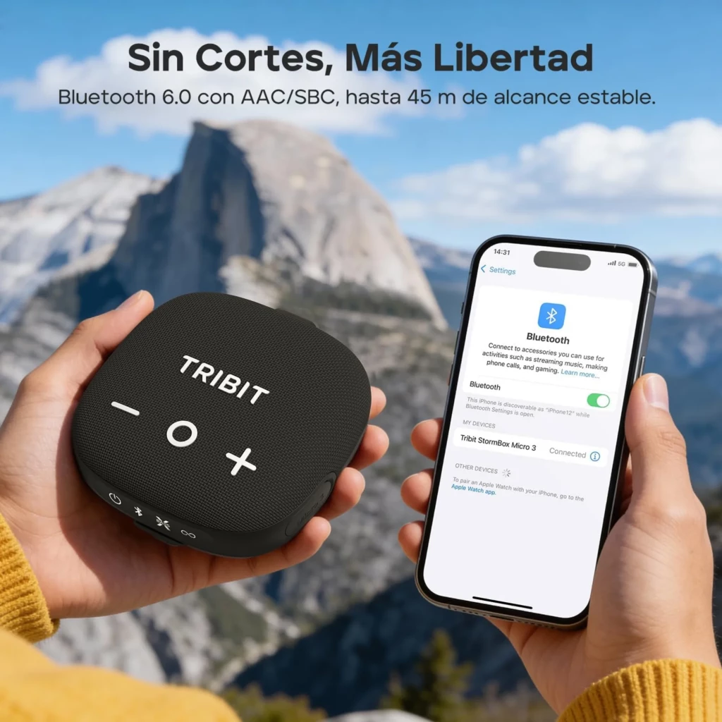 TRIBIT StormBox Micro 3 negro portátil con controles + y - visibles, rejilla textil, logo TRIBIT, Bluetooth 6.0 mostrado en smartphone, diseño compacto 13W