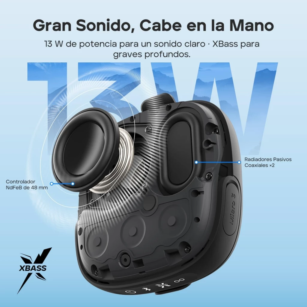 TRIBIT StormBox Micro 3 negro, altavoz Bluetooth compacto de 13W con XBass, radiadores pasivos coaxiales dobles y controlador de 48 mm para graves potentes