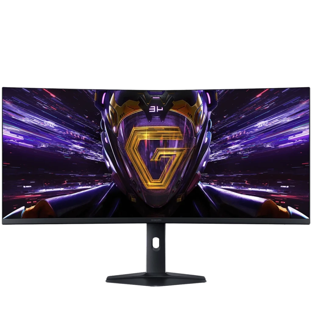 Monitor gaming ultrapanorámico curvo 34 pulgadas WQHD 1500R, biseles finos, soporte ajustable y frecuencia 180Hz; imagen vibrante con estética futurista