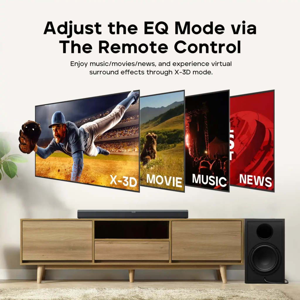 Tribit Soundbar 2.2 200W con subwoofer, barra negra bajo TV, control remoto y modos X-3D, Movie, Music y News; 6 entradas y Bluetooth 5.3 visibles en pantalla