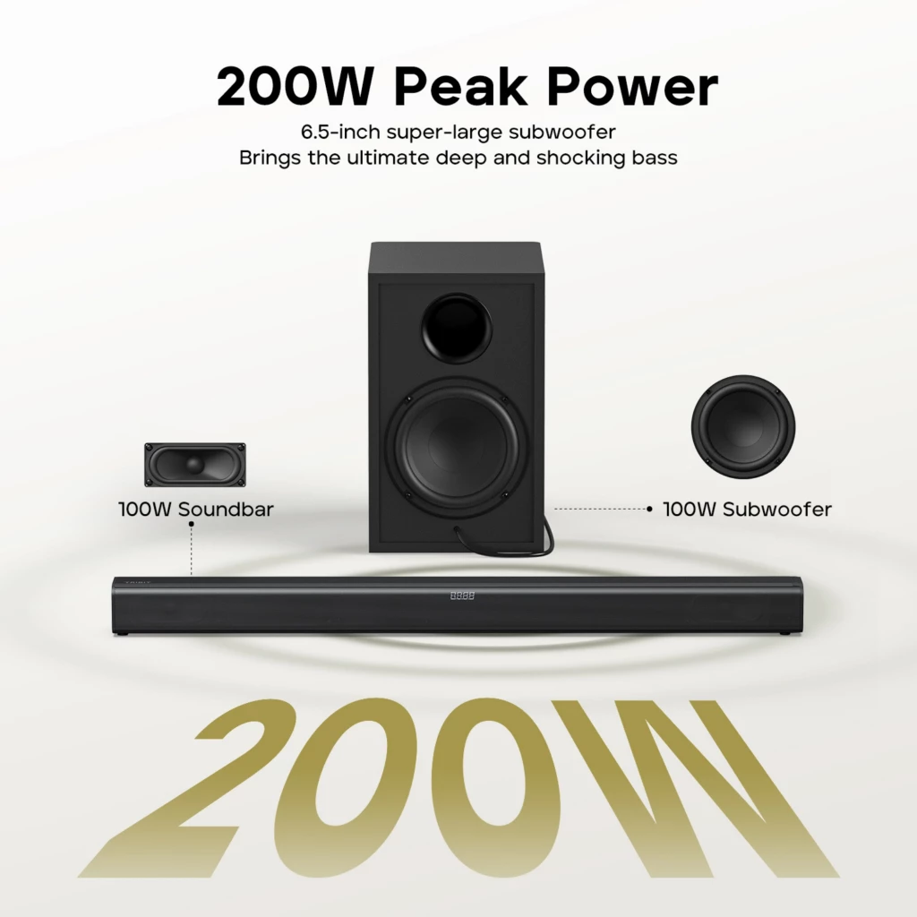 Barra de sonido Tribit Soundbar 2.2 con subwoofer de 6.5 pulgadas y 200W pico, diseño negro minimalista, incluye altavoces laterales y destaca graves potentes