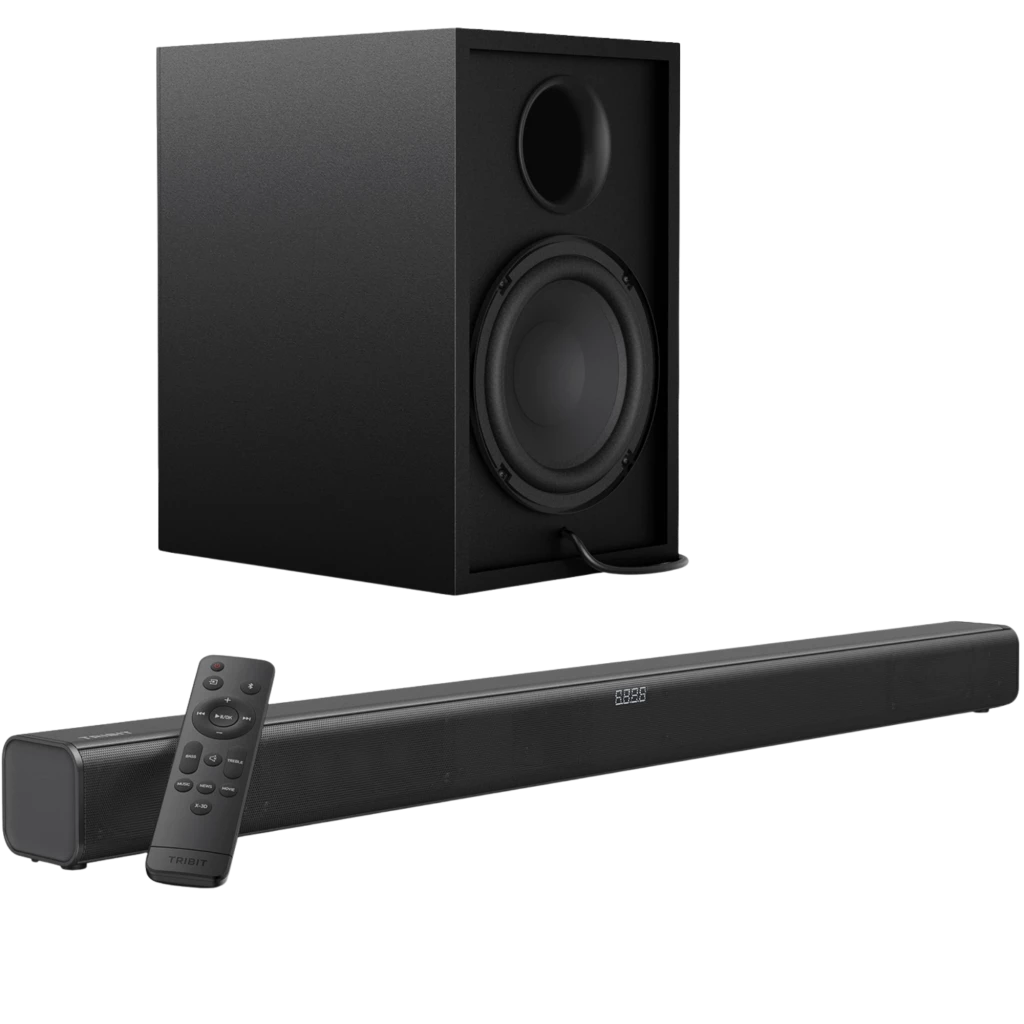 Barra de sonido Tribit Soundbar 2.2 de 200W con subwoofer externo, diseño negro minimalista, rejilla frontal, controles en remoto y conectividad Bluetooth 5.3