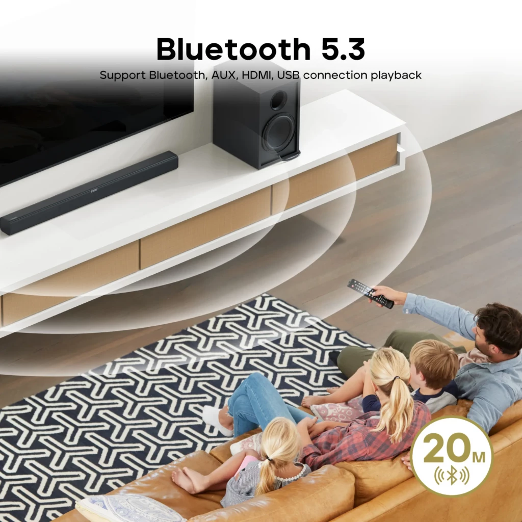 Barra de sonido Tribit Soundbar 2.2 de 200W con subwoofer, diseño negro minimalista bajo TV, conectividad Bluetooth 5.3, ondas sonoras y alcance de 20 m