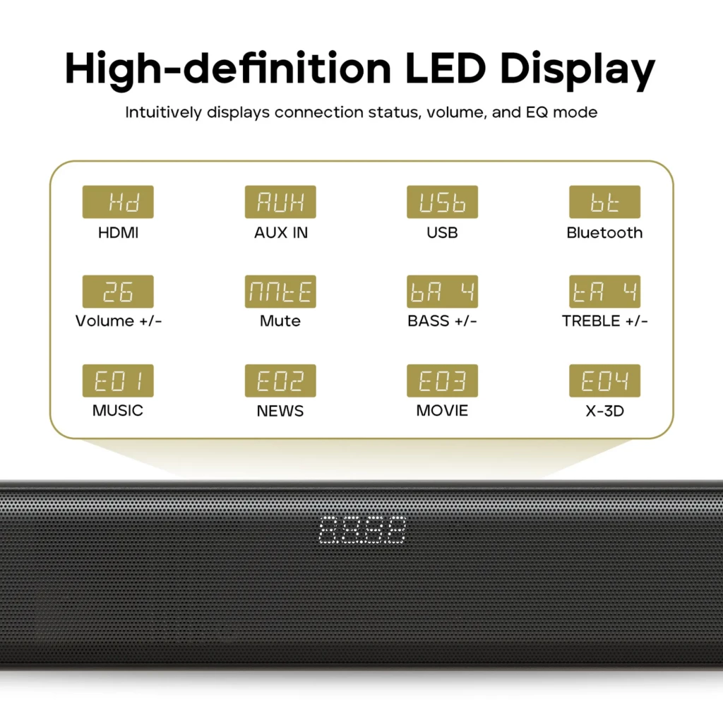 Pantalla LED de alta definición en la Tribit Soundbar 2.2 200W con indicadores de HDMI, AUX, USB, Bluetooth, volumen, mute y modos EQ como Music, News y Movie