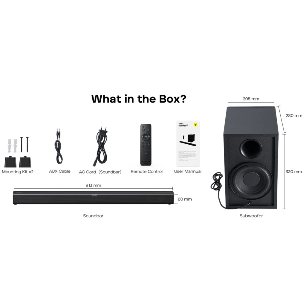 Barra de sonido Tribit 2.2 con subwoofer 200W, 6 entradas, Bluetooth 5.3, control remoto, cables AUX y AC, kit de montaje y manual; diseño negro compacto