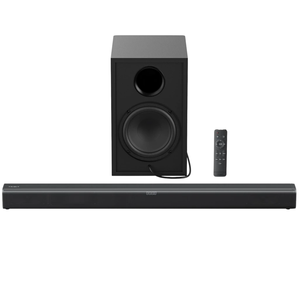 Barra de sonido Tribit Soundbar 2.2 200W con subwoofer activo, rejilla frontal negra, panel superior minimalista y control remoto compacto Bluetooth 5.3