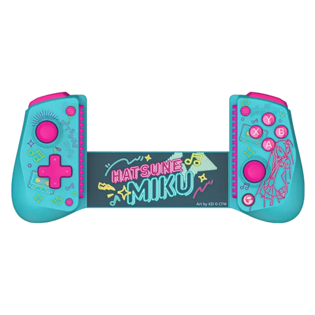 GameSir X5S Hatsune Miku gamepad en turquesa y rosa, diseño musical neon, joysticks dobles, cruceta rosa, botones ABXY, arte de Miku y soporte extensible