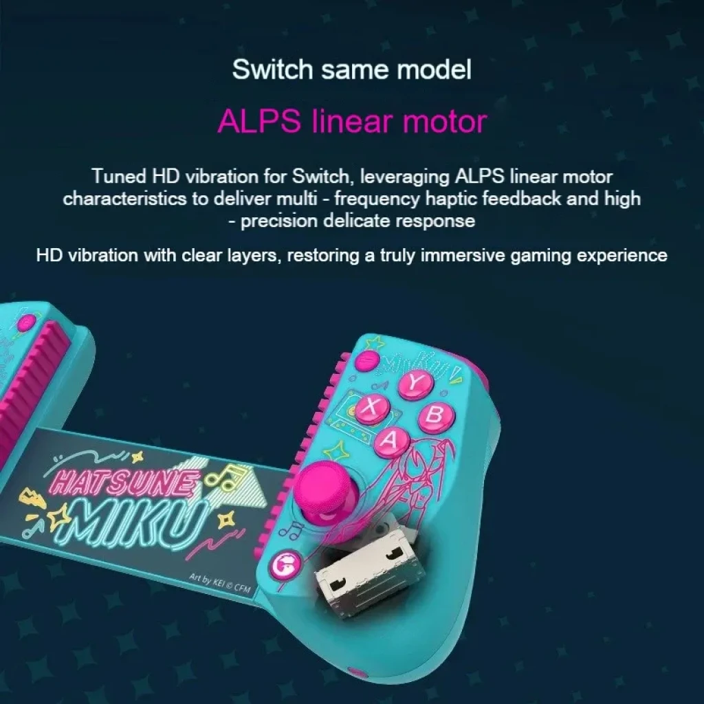 GameSir X5S Hatsune Miku gamepad para smartphones y Switch en color turquesa con detalles rosa, botones ABXY resaltados y motor lineal ALPS para vibración HD