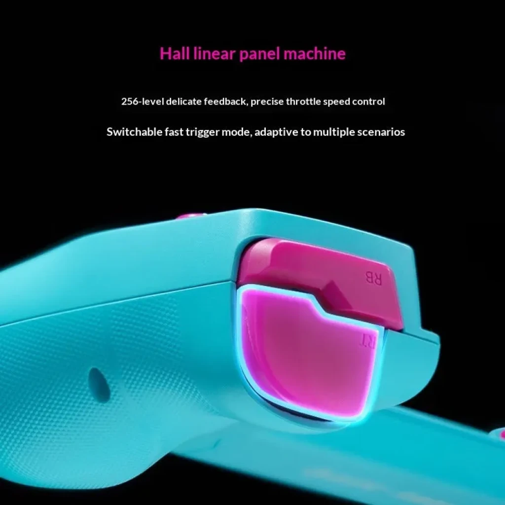 GameSir X5S Hatsune Miku con gatillos RB/RT rosa neón y tecnología Hall; carcasa turquesa texturizada y modo de disparo rápido adaptable