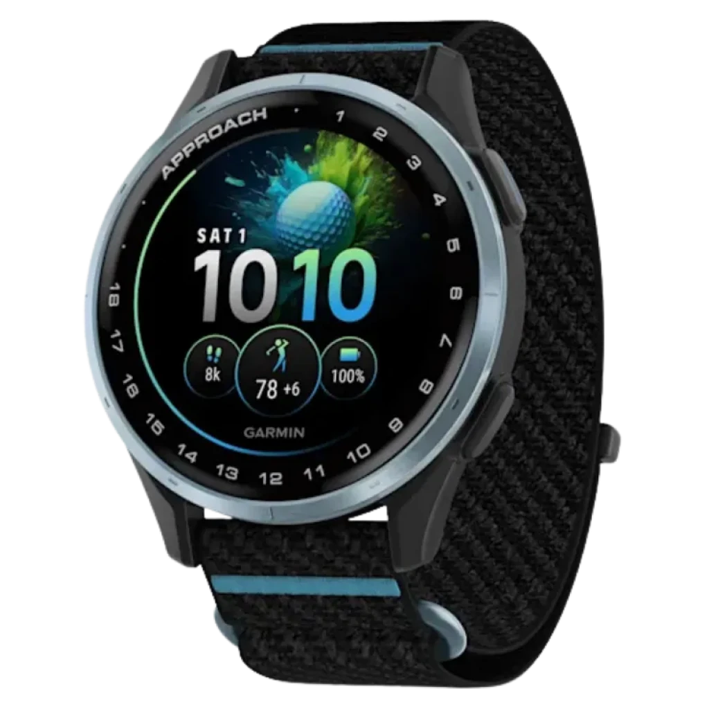 Reloj GPS Garmin Approach J1 Negro con pantalla AMOLED táctil mostrando distancias de golf