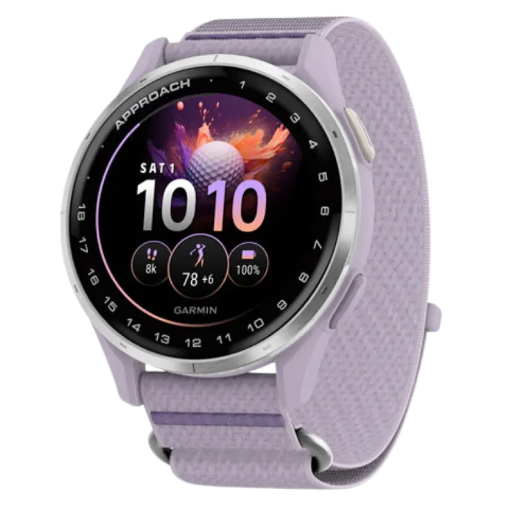 Reloj GPS Garmin Approach J1 Rosa con pantalla AMOLED táctil mostrando distancias de golf