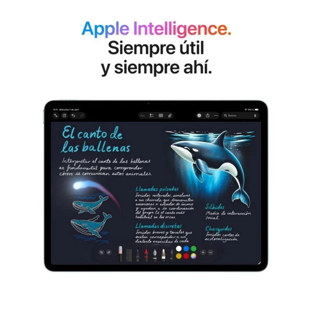 Apple iPad Air M4 11 pulgadas 128GB WiFi Gris con pantalla FullView, bordes delgados, cámara frontal superior y lápiz digital mostrando dibujo de ballenas