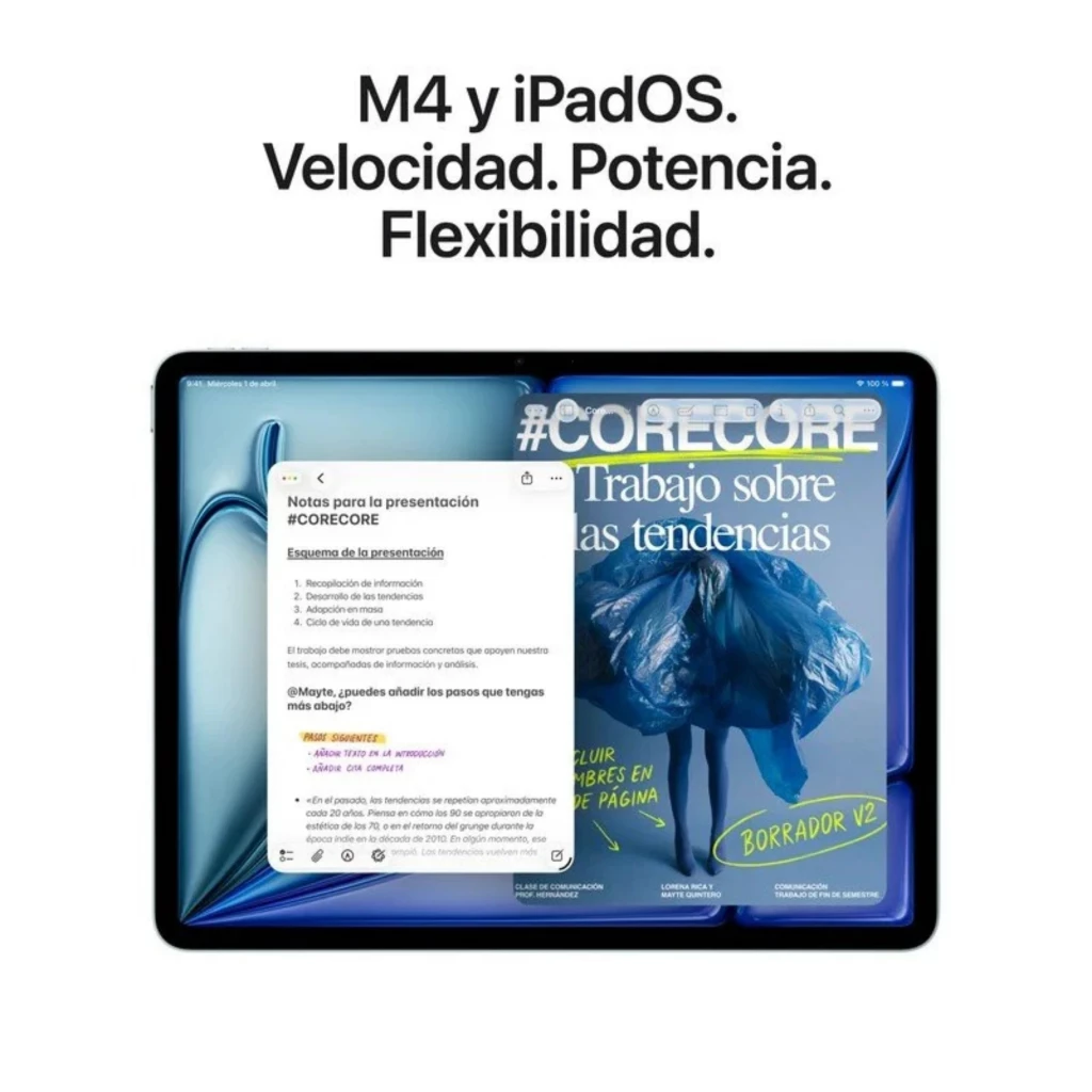 Apple iPad Air M4 11 128GB WiFi Gris con pantalla dividida mostrando notas y revista, biseles delgados, cuerpo gris, interfaz iPadOS enfocada en multitarea