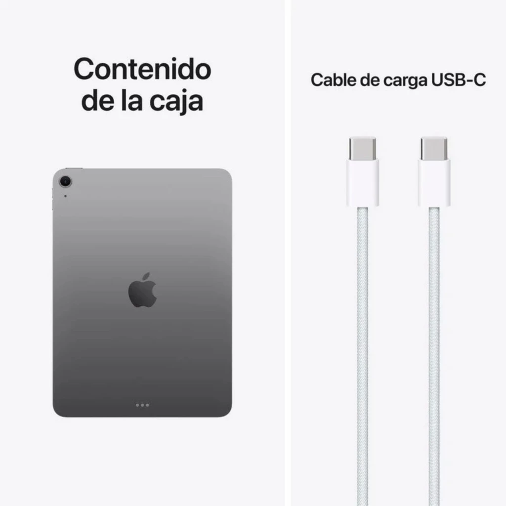 Apple iPad Air M4 11 pulgadas 128GB WiFi gris visto de atrás con logo de Apple y cámara única; incluye cable de carga USB C trenzado blanco con conectores C