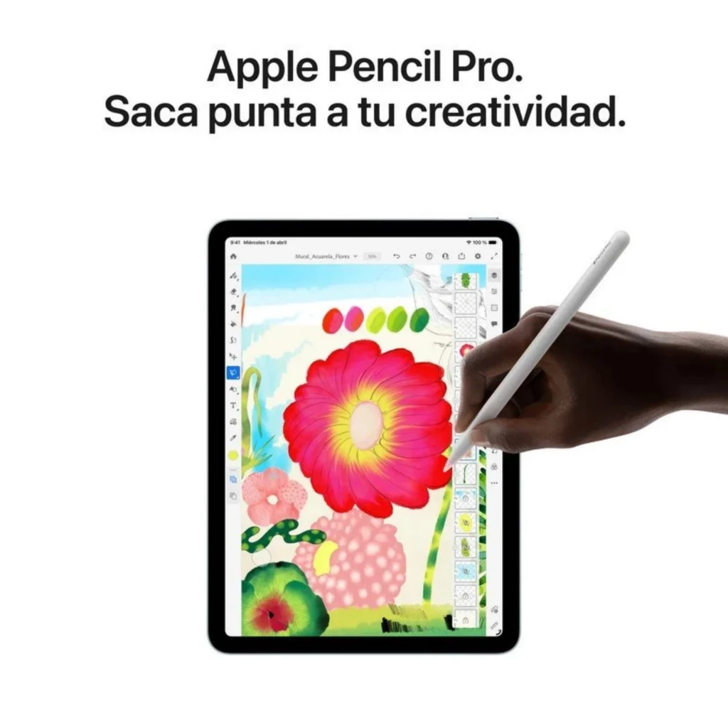 Apple iPad Air M4 11 pulgadas Gris con Apple Pencil Pro dibujando una flor colorida en pantalla brillante, bordes delgados y cuerpo metálico elegante WiFi