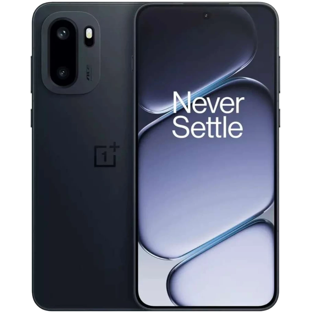 Oneplus Nord 6 5G negro con pantalla borde a borde y cámara trasera dual en módulo ovalado; acabado mate, frontal con lema Never Settle