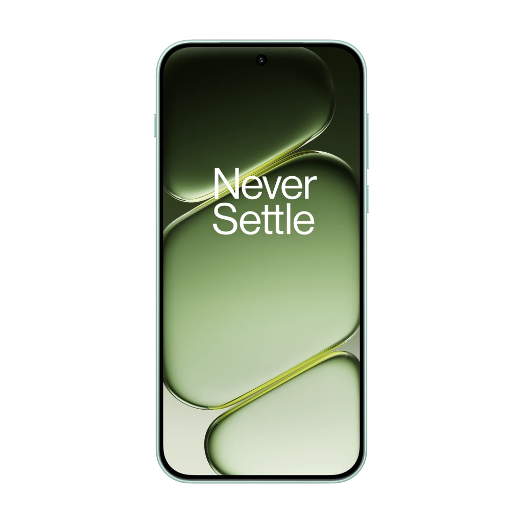 Oneplus Nord 6 5G negro con pantalla grande casi sin bordes, cámara frontal en orificio centrado y lema Never Settle en fondo verde elegante