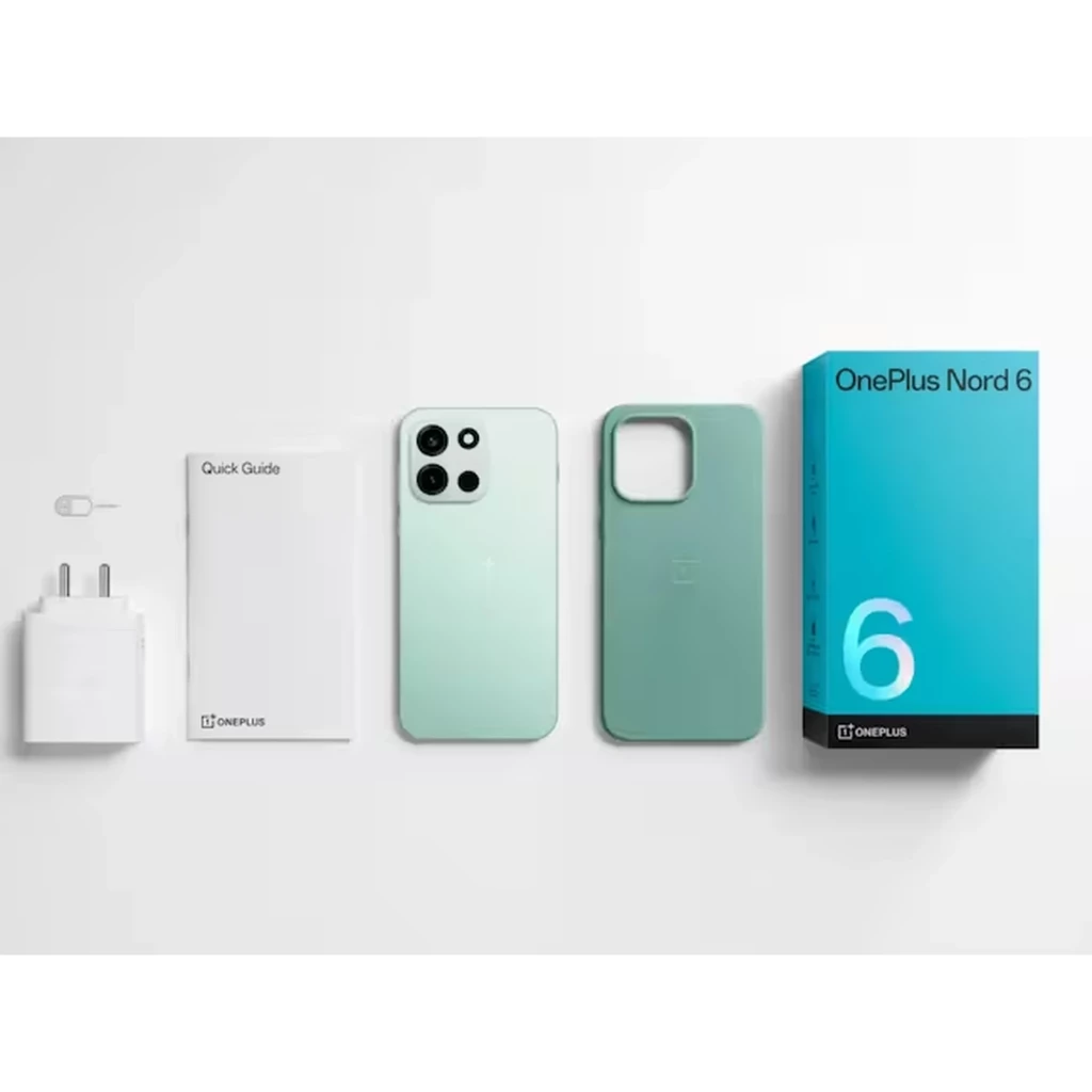 Oneplus Nord 6 5G negro 512GB con carcasa verde, módulo de cámara cuádruple, cargador, guía rápida, pin para SIM y caja azul con número 6 visible