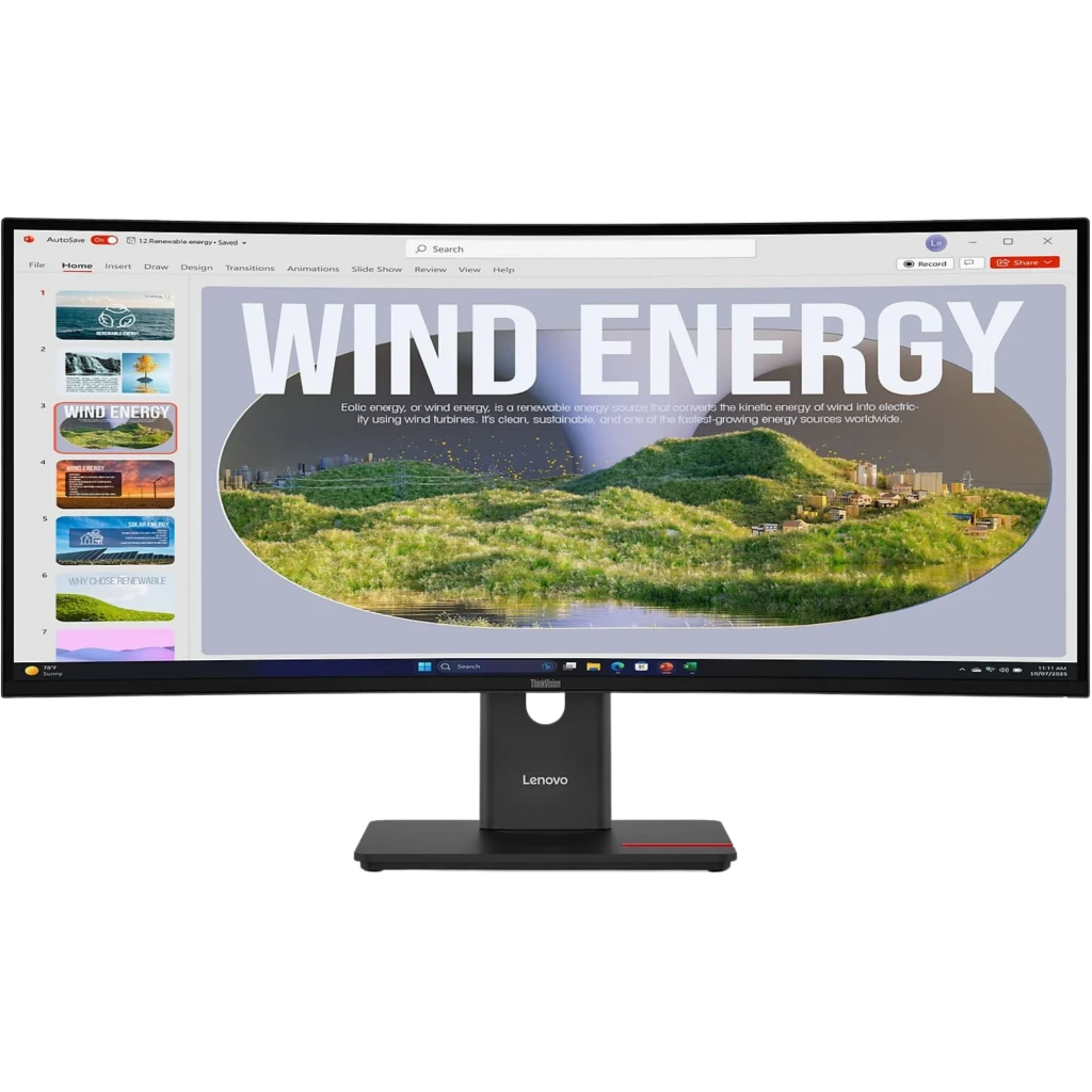 Monitor curvo ultraancho Lenovo ThinkVision T34WD-40 con pantalla WQHD, 120 Hz, biseles finos, soporte ajustable y base con puertos USB-C y USB-A