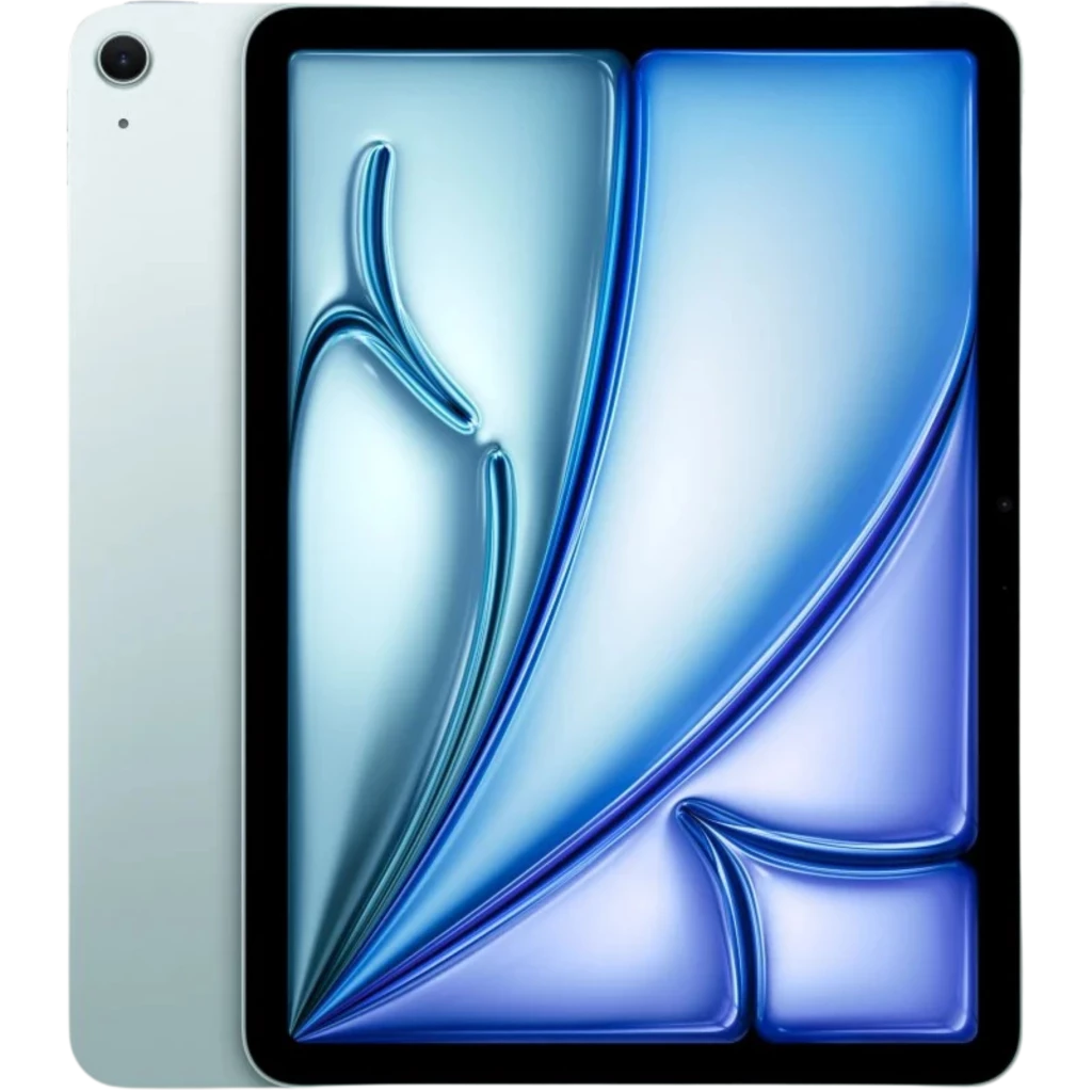 Apple iPad Air M4 11 pulgadas azul con pantalla casi sin bordes, cámara trasera única en esquina superior izquierda y acabado metálico elegante