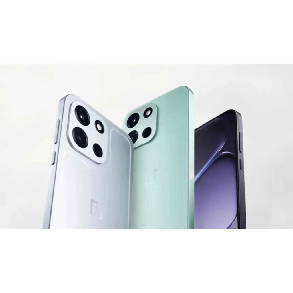 Oneplus Nord 6 5G verde y plateado con triple cámara trasera de 50 Mpx, módulos grandes, marcos metálicos y pantalla con biseles delgados y borde plano