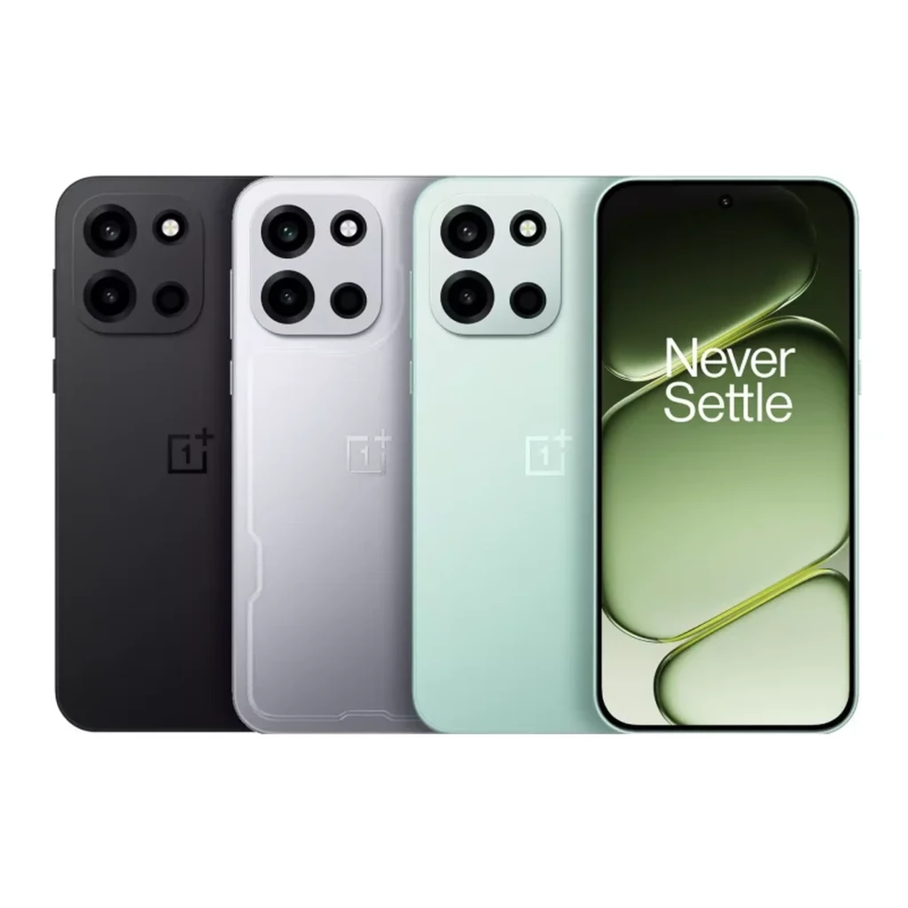 Oneplus Nord 6 5G verde con pantalla AMOLED borde a borde, cámara frontal en orificio y triple cámara trasera de 50 Mpx; acabados en negro, plata y verde