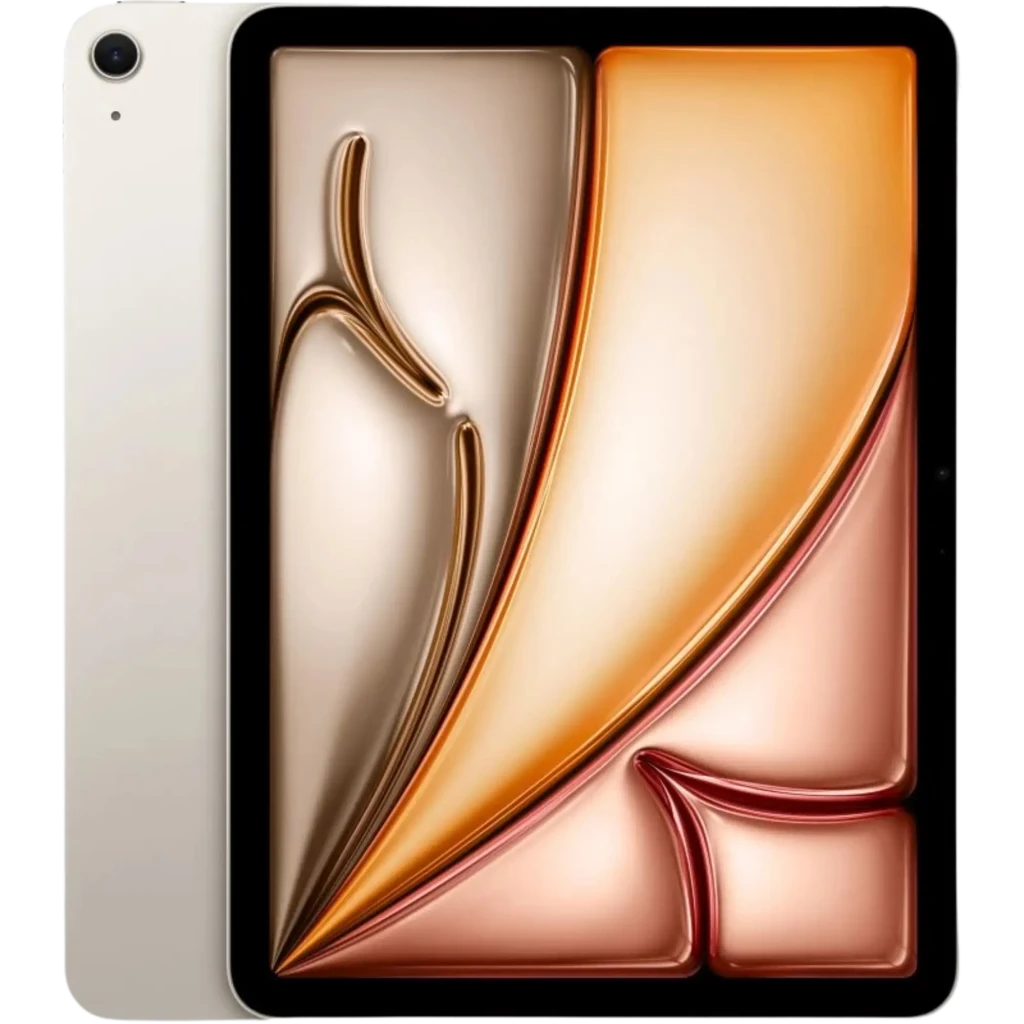 Tablet Apple iPad Air M4 11 pulgadas color Blanco Estrella con biseles finos, una cámara trasera única y pantalla con fondo abstracto en tonos dorados y rosa