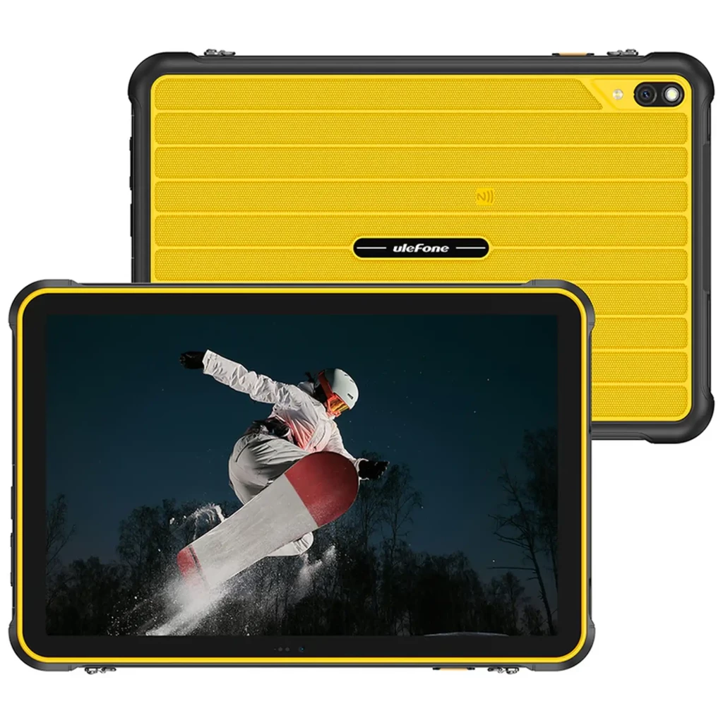 Ulefone RugKing Pad 2 Pro amarillo con carcasa rugerizada, bordes reforzados, pantalla amplia con biseles negros y módulo de cámara trasera dual con flash