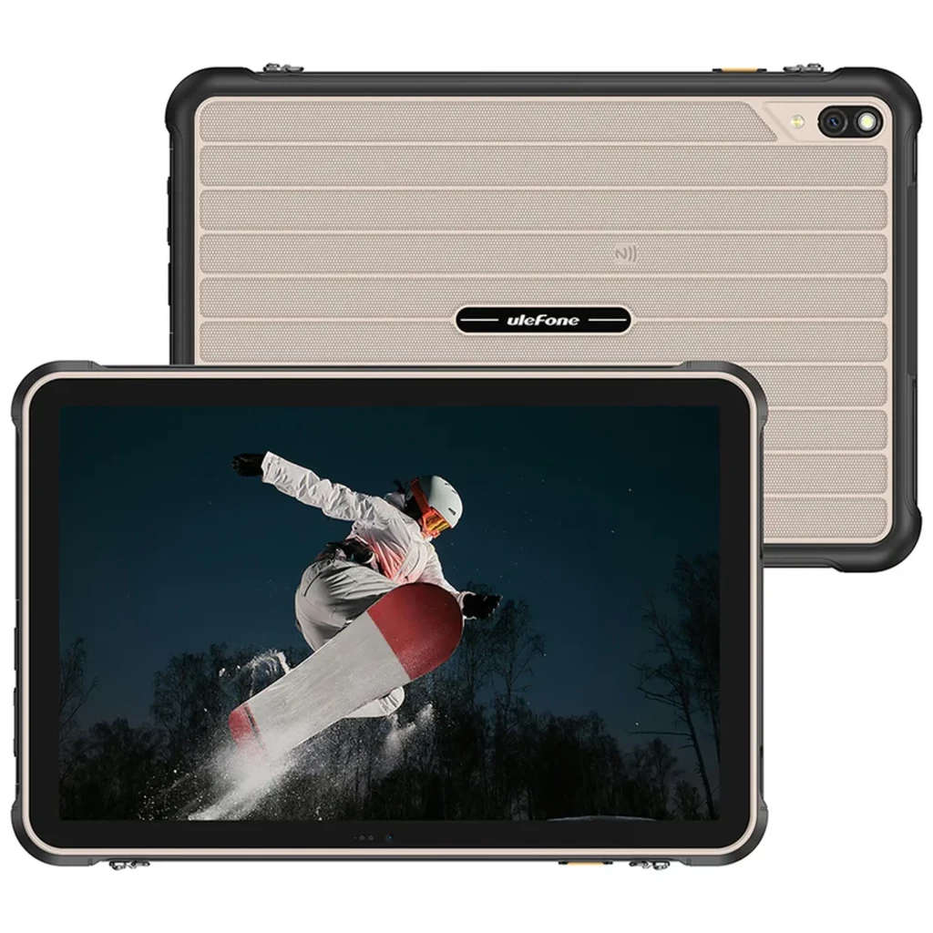 Tablet rugerizada negra Ulefone RugKing Pad 2 Pro con carcasa acanalada, cámara trasera doble, pantalla amplia con borde reforzado y diseño resistente