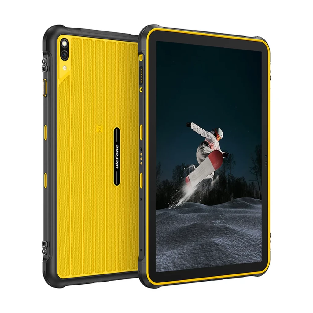 Tablet rugerizada amarilla con marco negro, gran pantalla, cámara trasera 48 MP con flash, cuerpo texturizado antideslizante y bordes reforzados con tornillos