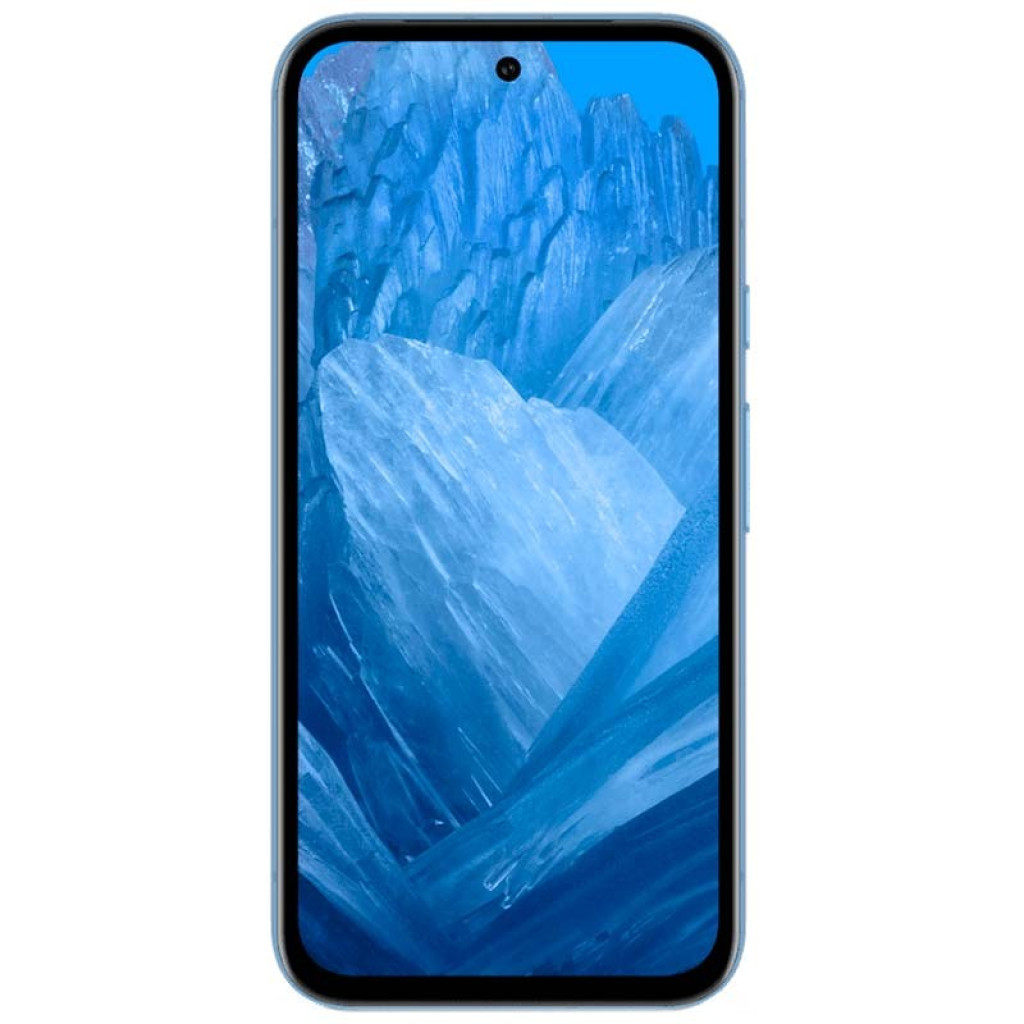 Pantalla del Google Pixel 8a 5G azul renovado en estado excelente, con biseles finos, cámara frontal centrada en perforación y bordes curvos en color azul