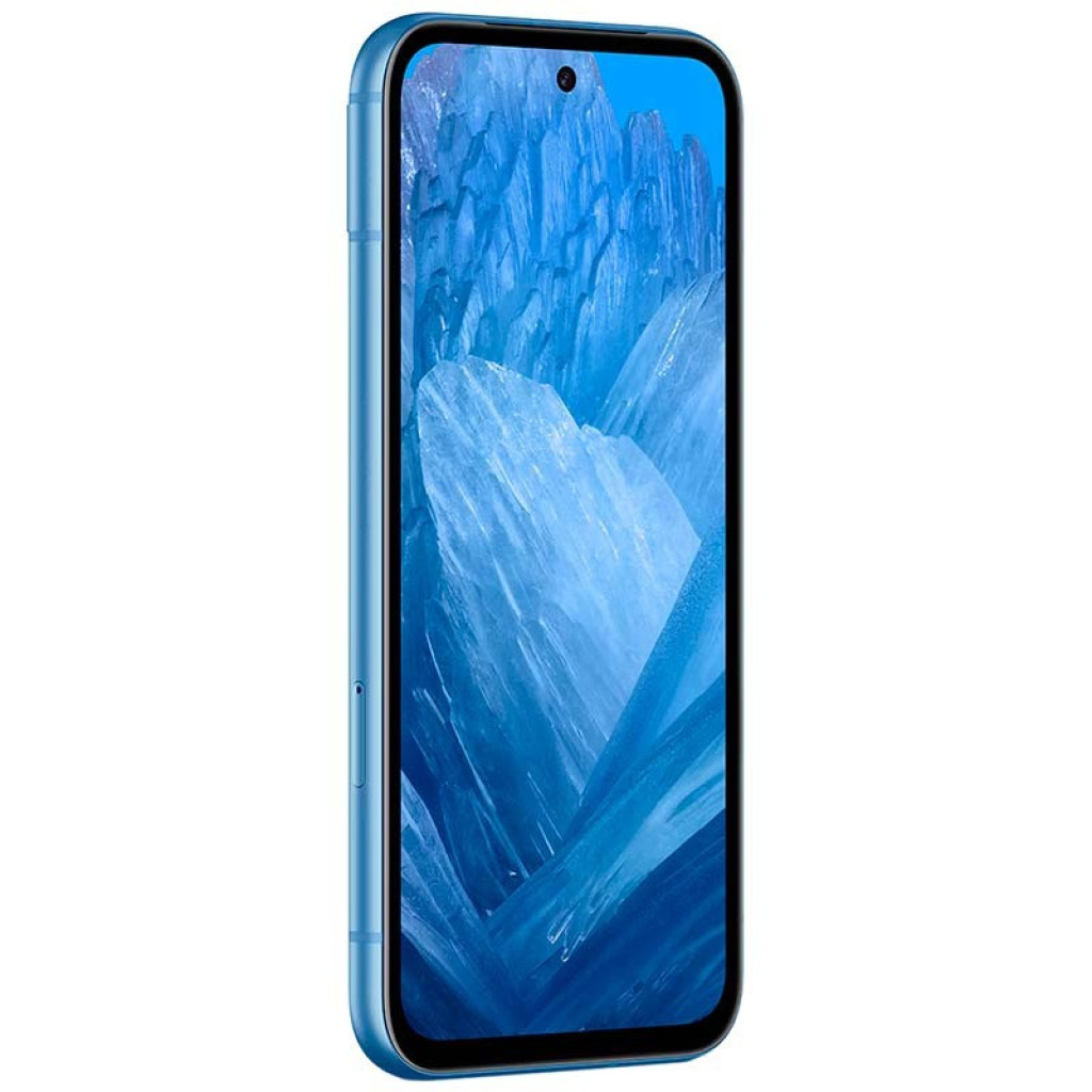 Smartphone azul con pantalla casi sin bordes y cámara frontal en agujero centrado. Bordes redondeados, acabado mate, estado excelente renovado. 5G 8GB 128GB