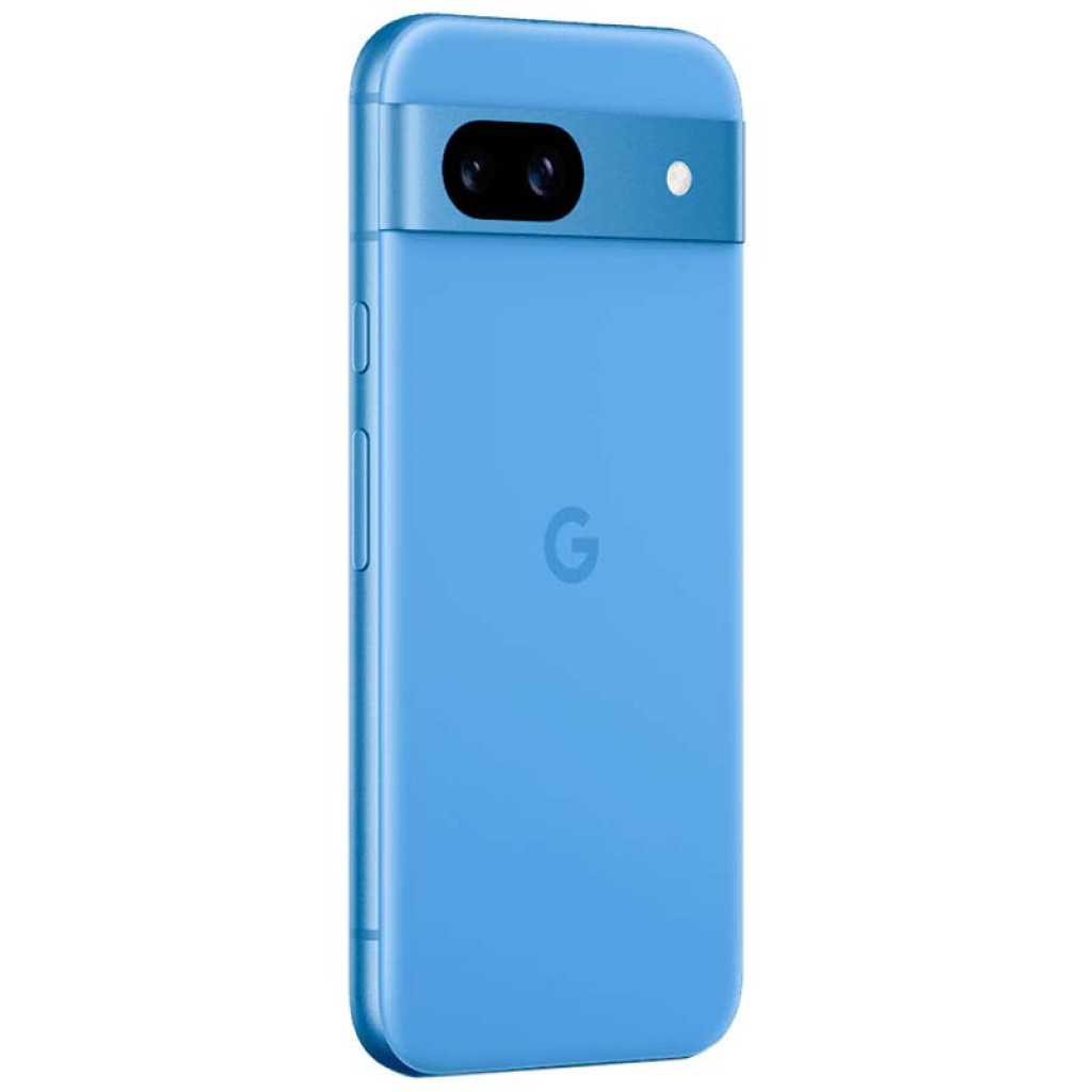 Smartphone azul con acabado mate, módulo de cámara horizontal dual y flash, botones laterales y logo G centrado; diseño delgado y renovado en excelente