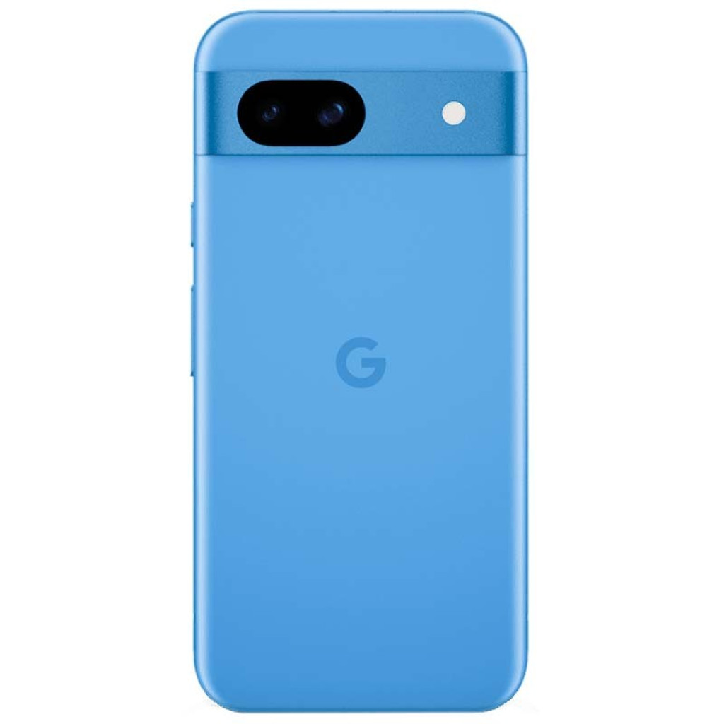 Smartphone azul con trasera mate, logo G centrado y módulo de cámara horizontal negro con doble lente y flash. Diseño compacto, bordes redondeados. Renovado
