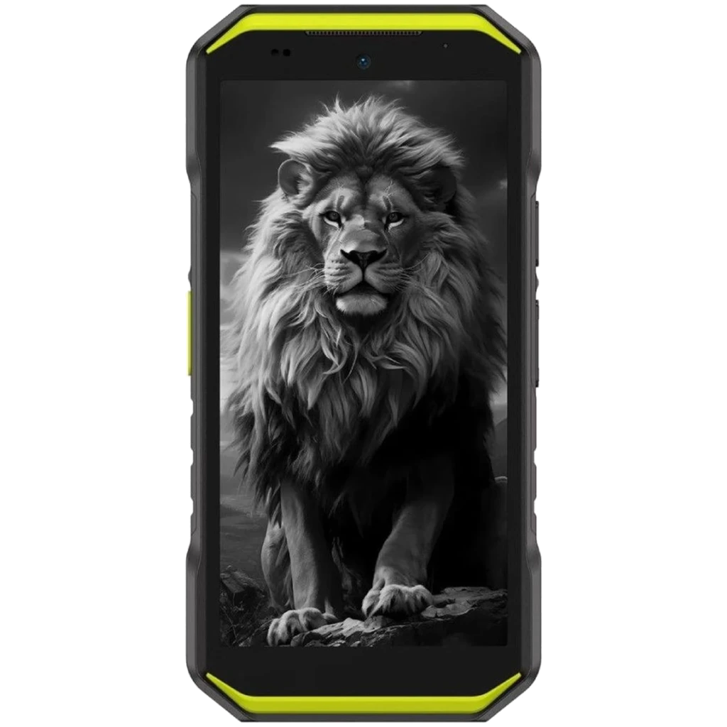 Ulefone Armor X32 Pro 5G verde, carcasa robusta con bordes reforzados y esquinas protectoras, pantalla frontal con biseles gruesos y detalle de león en display