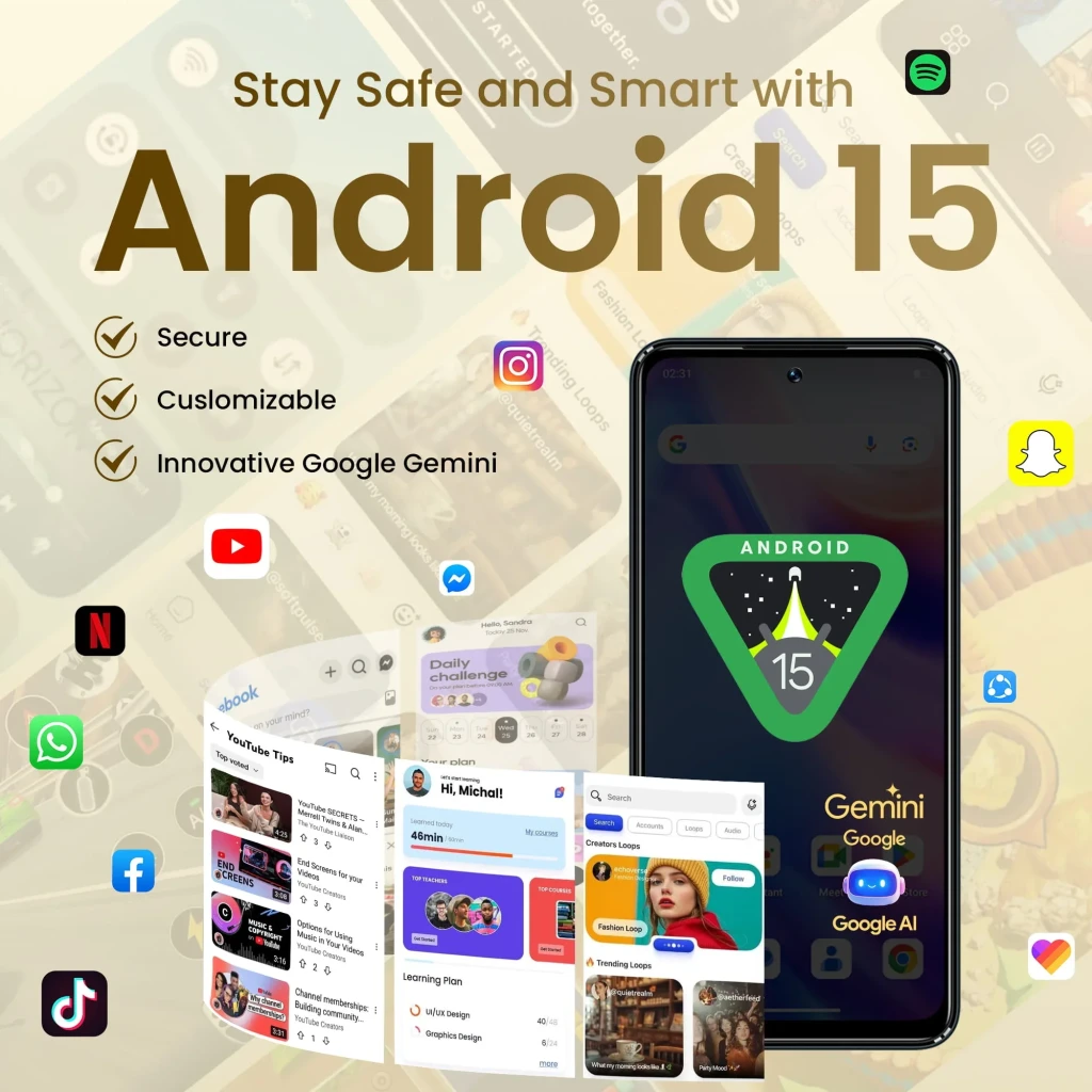 Lagenio A11 Pro 256GB negro con Android 15 en pantalla, cámara trasera 50 MP, frontal en notch, 8GB RAM expandible, íconos de apps y diseño moderno