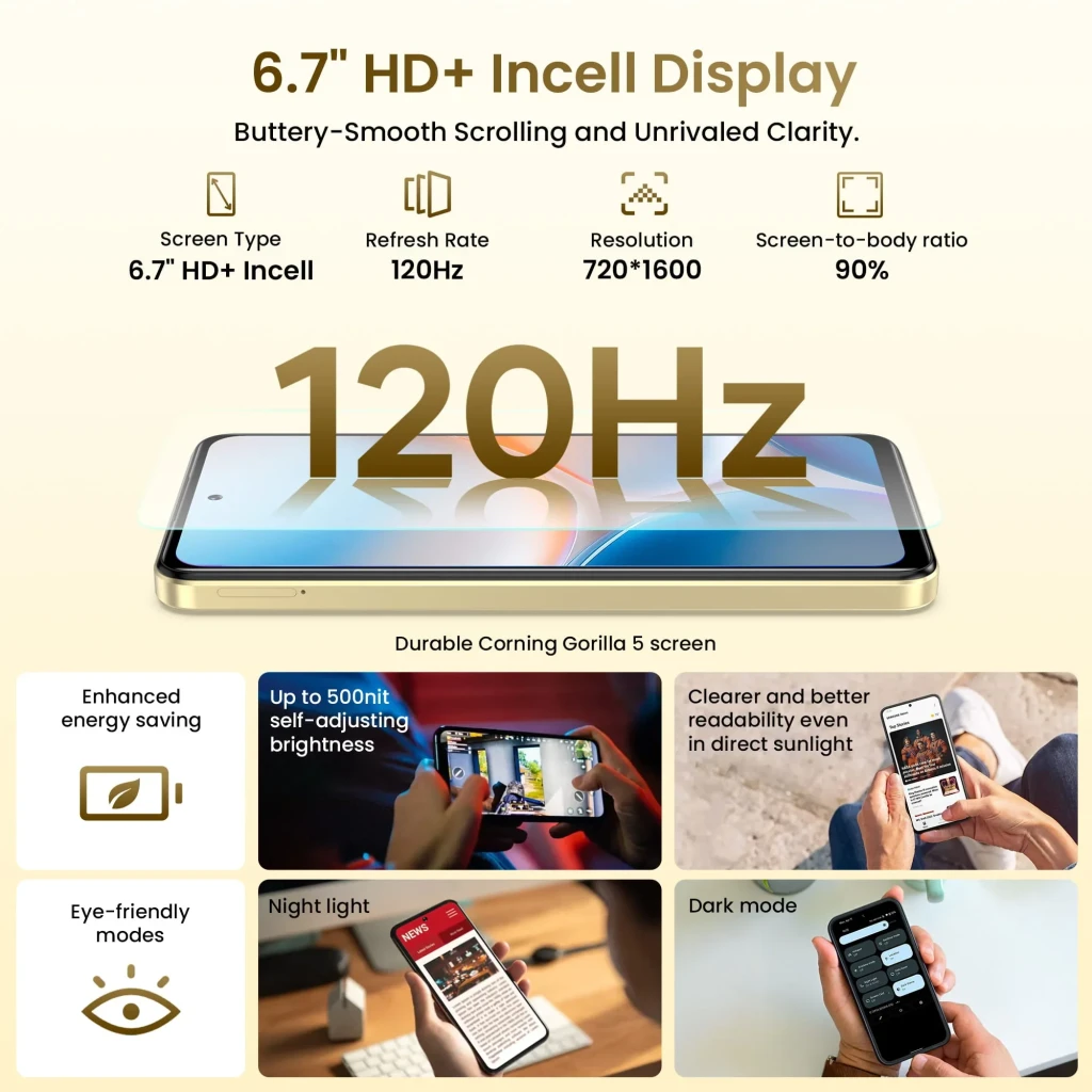 Lagenio A11 Pro 256GB Negro con pantalla 6.7" HD+ Incell 120Hz, biseles delgados y cámara frontal perforada centrada; vidrio Corning Gorilla 5 resistente