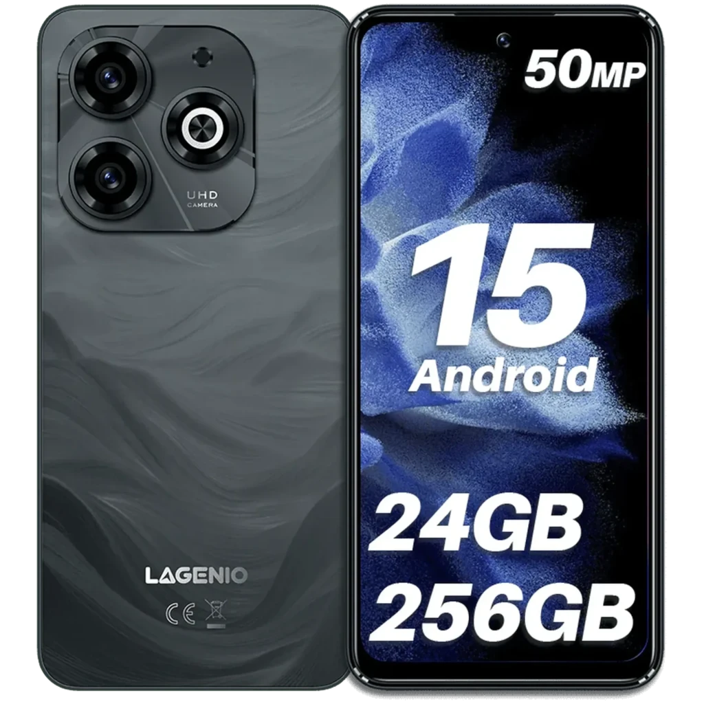 Lagenio A11 Pro negro con pantalla amplia, módulo triple de cámara trasera 50 MP, frontal en orificio, carcasa ondulada, 256GB y 8GB RAM expandible