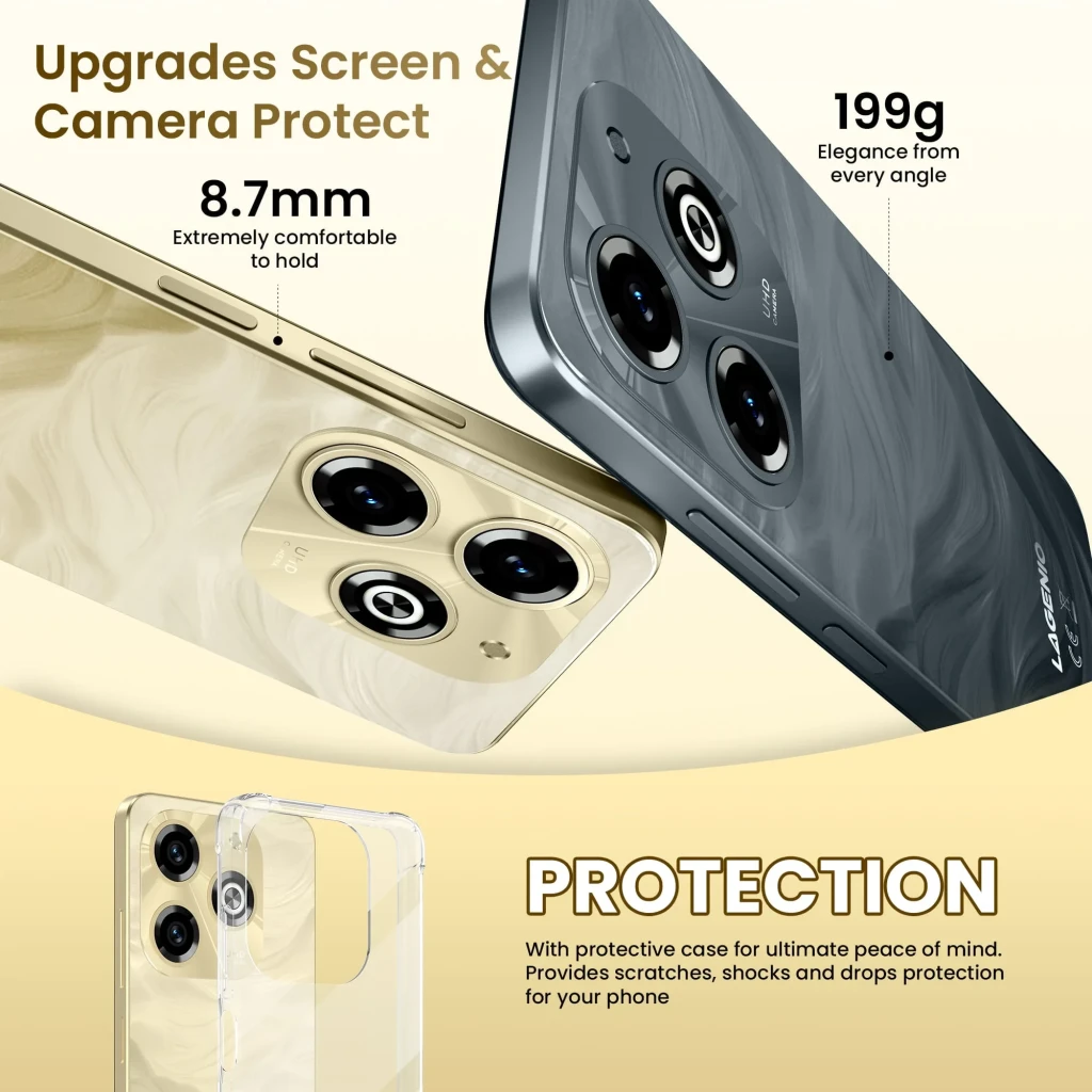 Lagenio A11 Pro 256GB negro con triple cámara de 50 MP, cuerpo de 8.7 mm y 199 g; incluye funda transparente protectora contra rayones y caídas