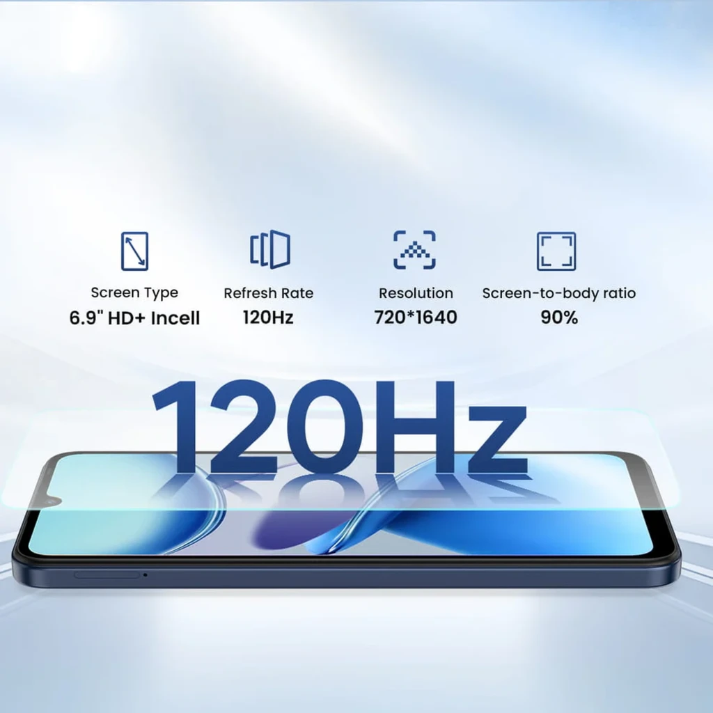 Lagenio A12 128GB Navy con pantalla 6.9 HD+ Incell 120Hz, resolución 720x1640 y ratio pantalla-cuerpo 90%, 4GB RAM y cámara trasera 13 MPx